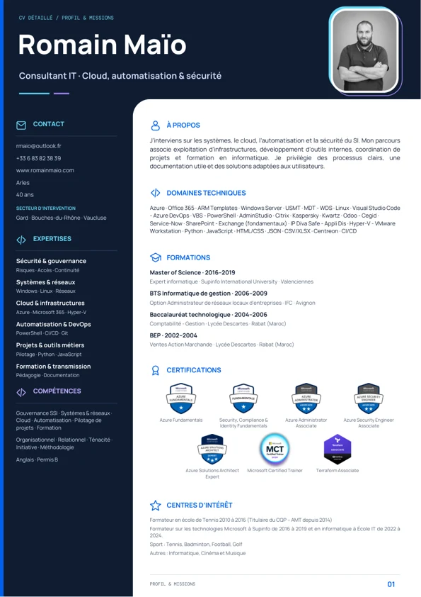 Première page du CV détaillé